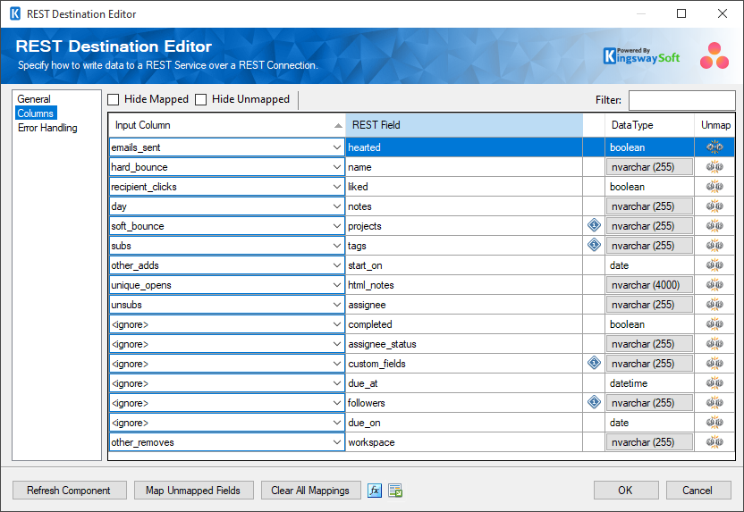 SSIS REST Asana Destination - Columns